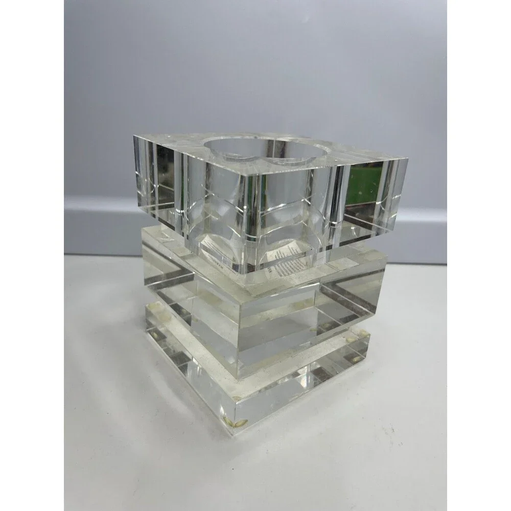 heavy mcm style WILLIAMS-SONOMA CLEAR CRYSTAL BLOCK square CANDLE HOLDER